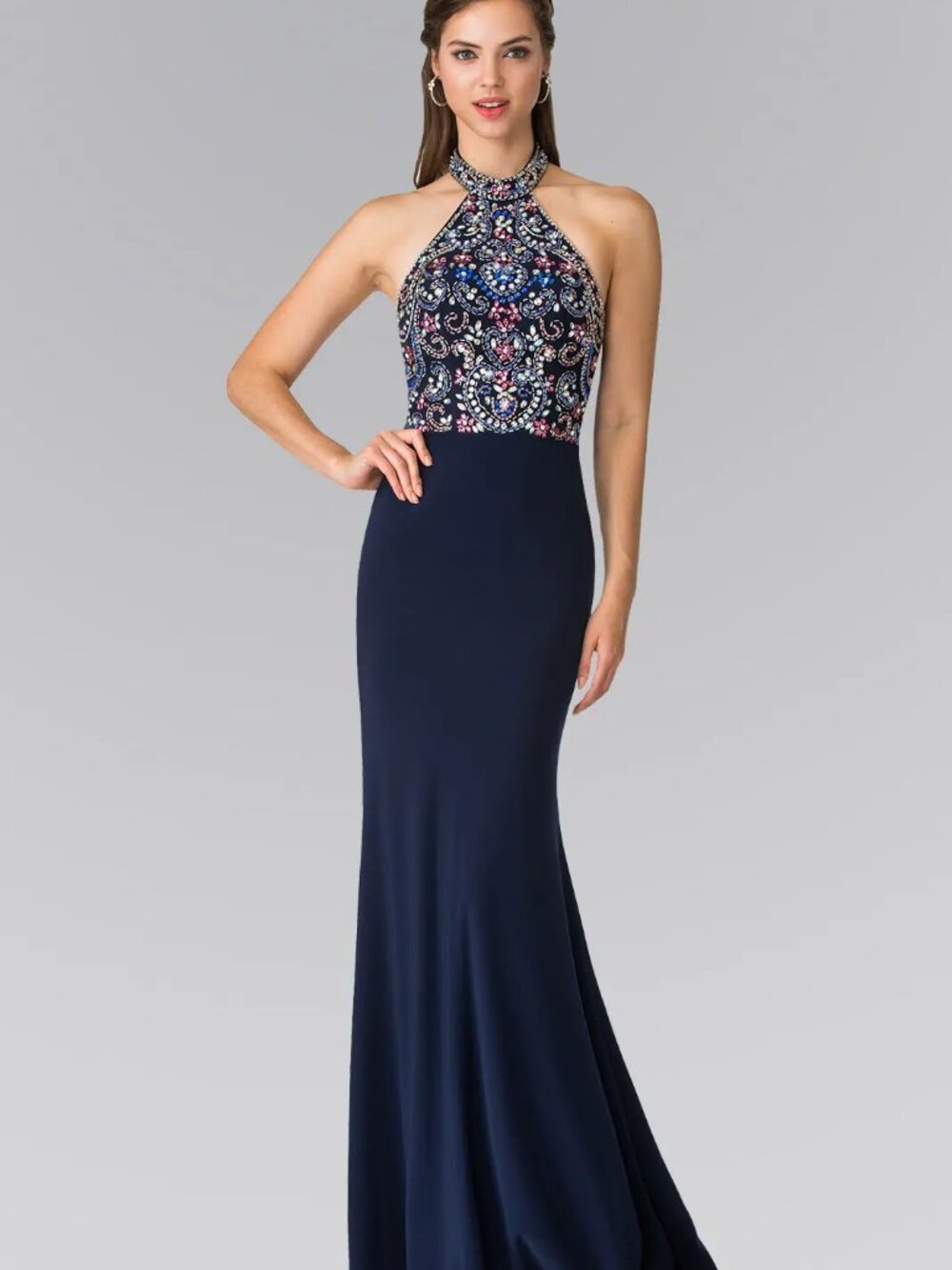 NEW NAVY Jersey & Sequin Halter Prom Gown Floor Length Embellished GL2279